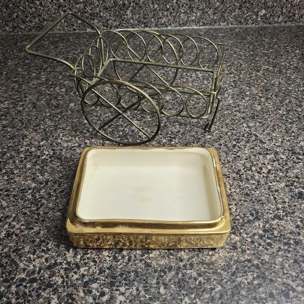 Vintage MCM Atlas Satin Gold Wagon Cart Candy Dish Nut Server Ashtray Caddy Gold